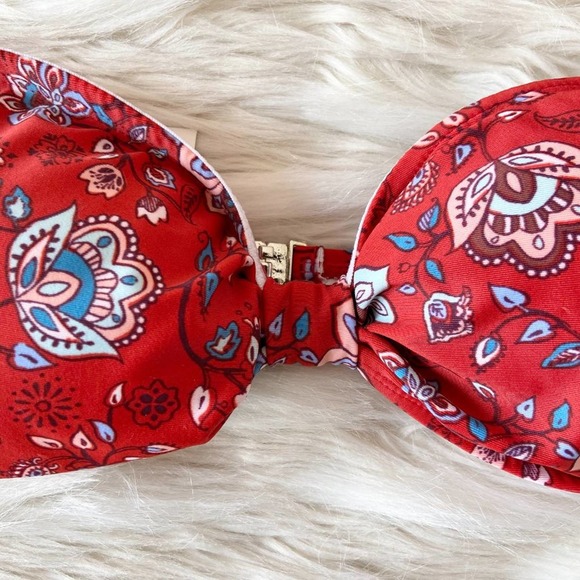 MinkPink Red Strapless Floral Bandeau Bikini Top Sz L - Picture 3 of 11